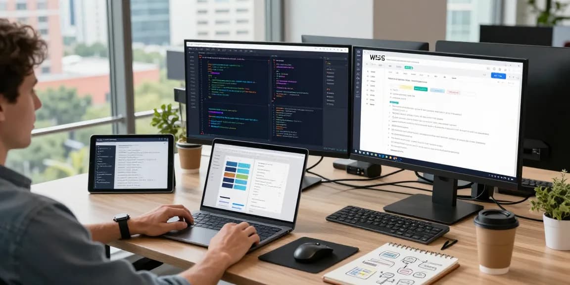 Tech professional using advanced software tools on WPS Official Website in a modern office workspace