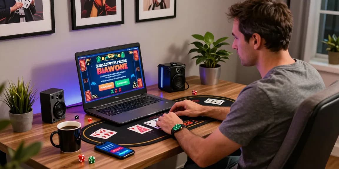 Engaging user enjoying the casino links monthly package on a laptop at a stylish home office, surrounded by gaming paraphernalia, conveying a vibrant and immersive gaming experience.
