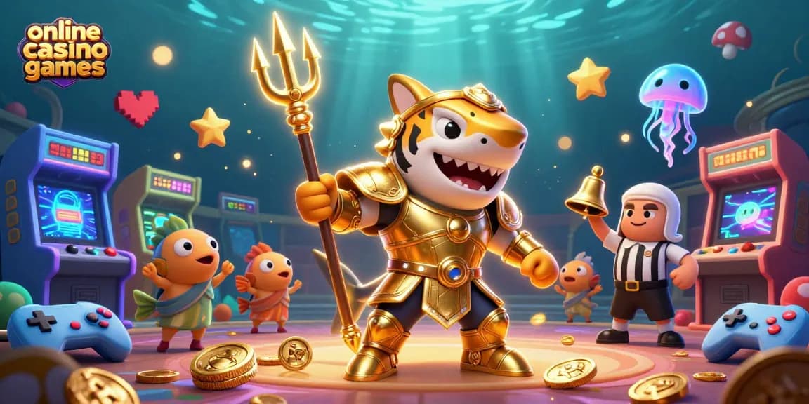 Engage with online casino games in an exciting underwater colosseum scene featuring a tiger shark and arcade elements.