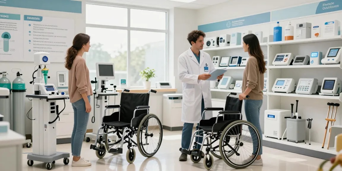 Exhibiting vente de materiel medical in a modern showroom with professional discussing mobility aids.