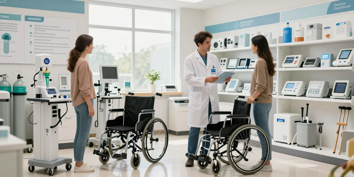 Exhibiting vente de materiel medical in a modern showroom with professional discussing mobility aids.