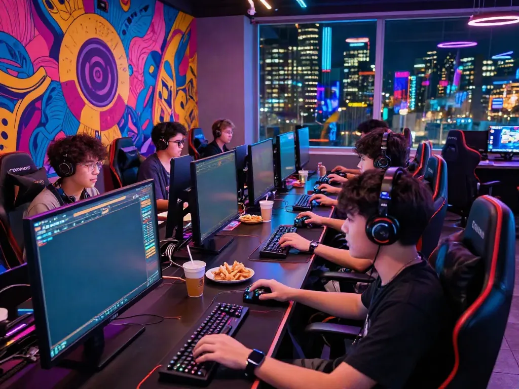 Excited young adults playing rokok88 slot game in a vibrant gaming lounge.