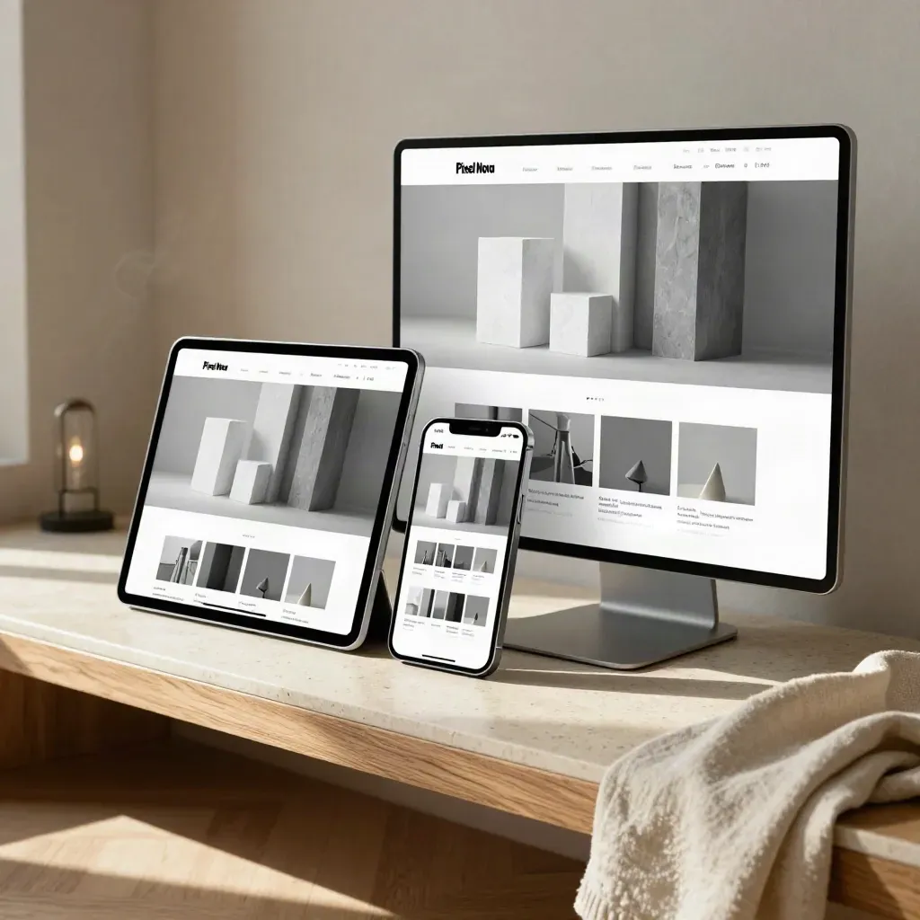 Website design mockups on tablet, phone frame, and desktop board in a warm studio corner.