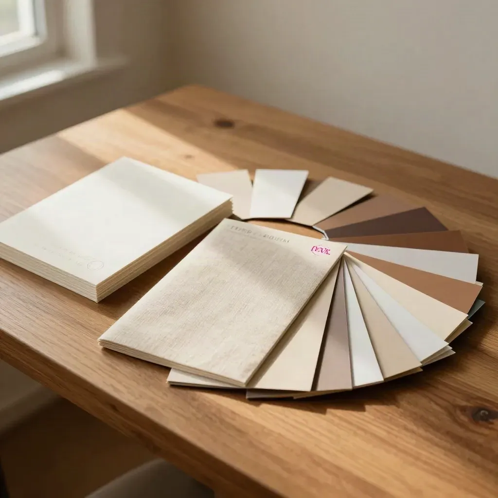 Brand identity materials on a warm studio table with linen swatches and a Nova Pink accent chip.