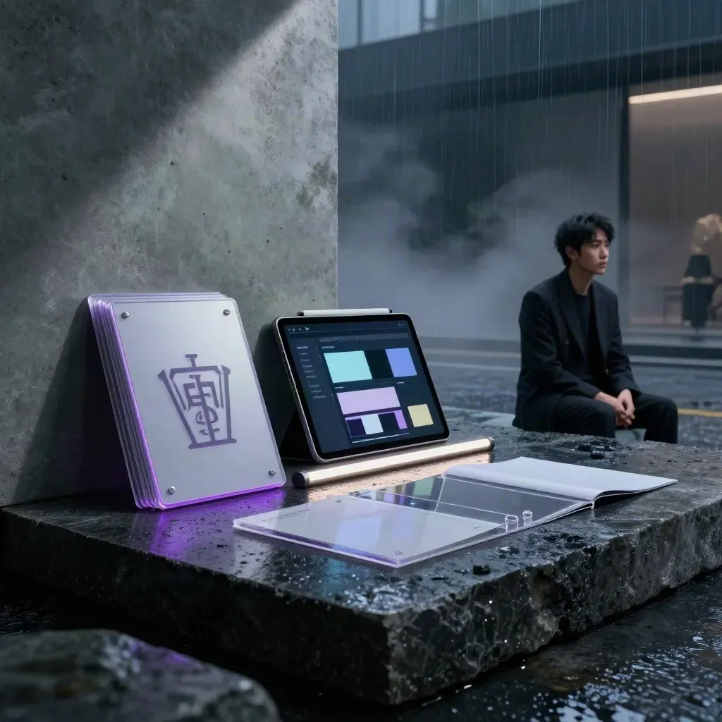 Dark cinematic studio plinth with emblem, identity boards, tablet, light bar, and launch kit in mist
