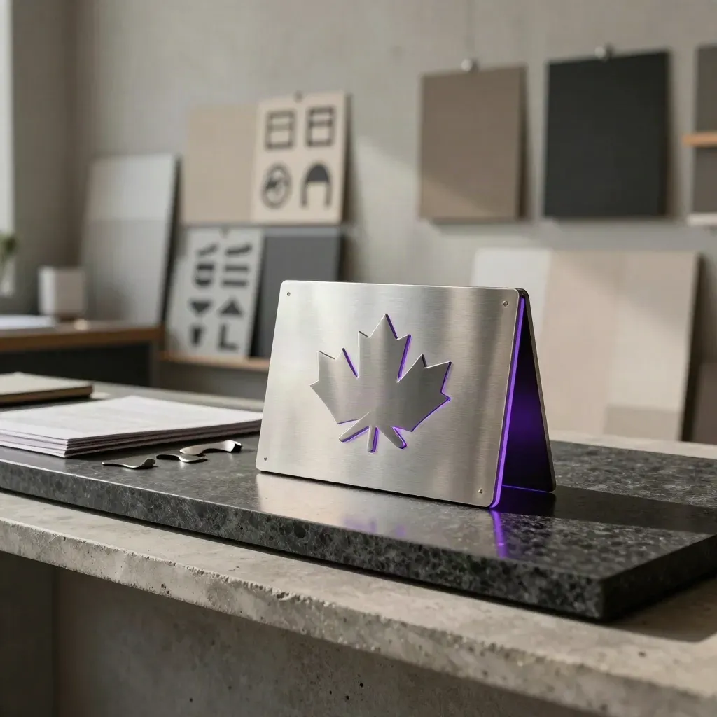 Brushed-metal logo plaque and variant marks on a plinth in a premium branding studio