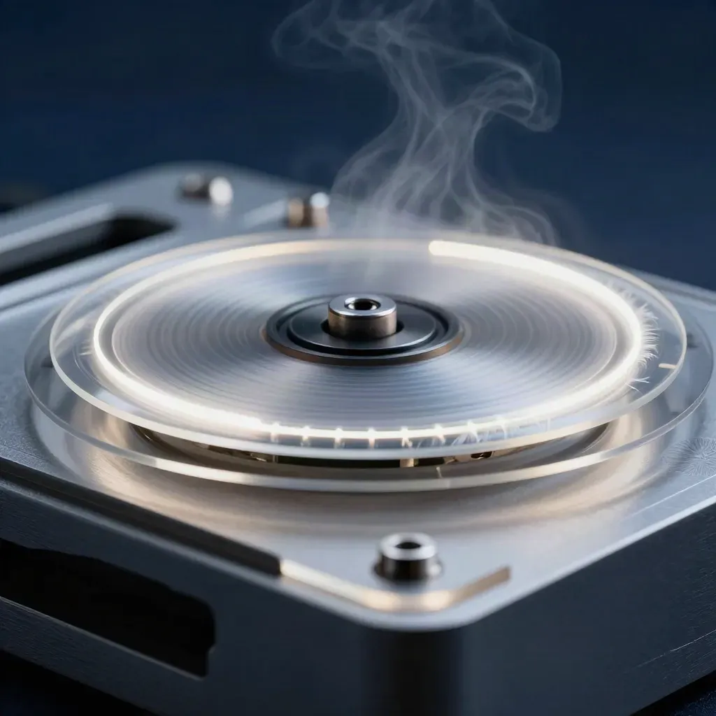 Macro of translucent acetate frames and a glowing motion disc with a sweeping light trail.