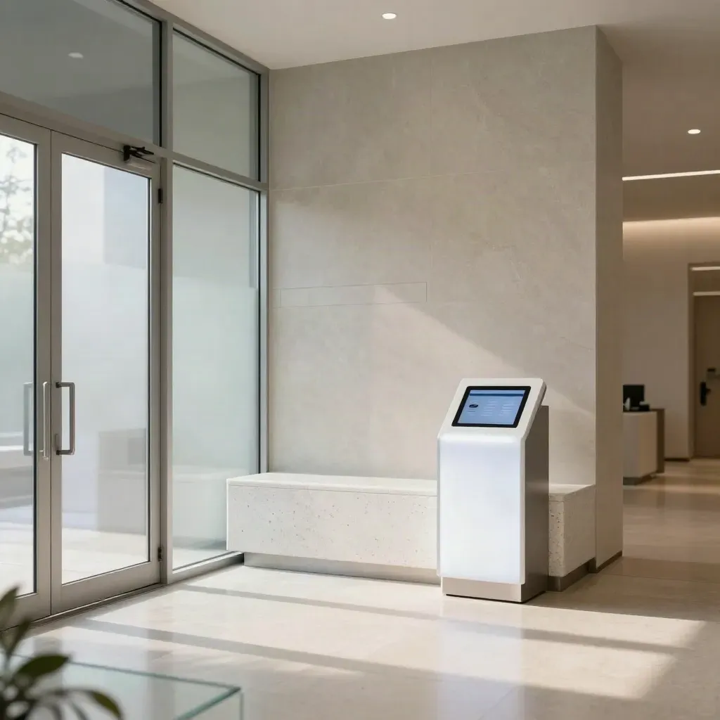 Dental clinic entrance with frosted glass, quartz ledge, and a glowing check-in pedestal.