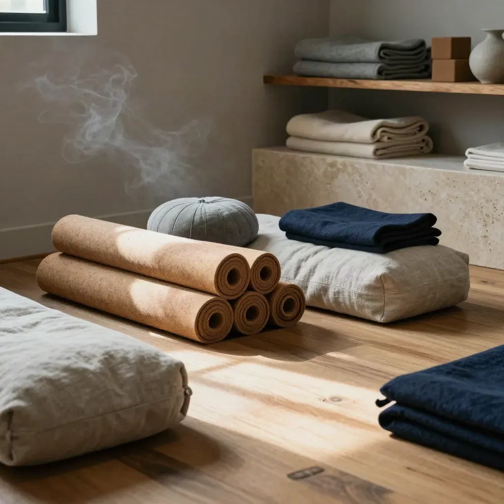Quiet yoga studio corner with cork mats, linen bolsters, cedar shelf and navy blanket.