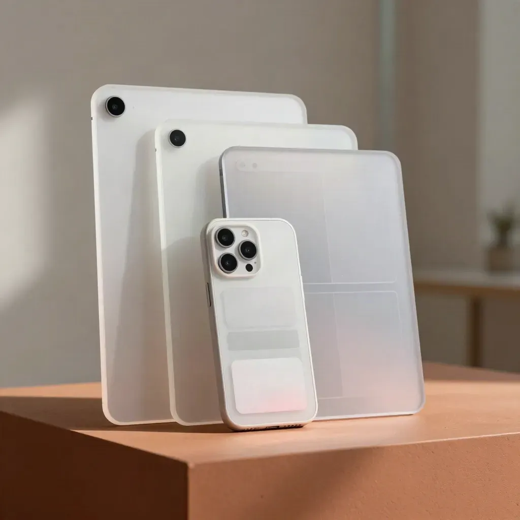 Diagonal frosted acrylic UI mockups: phone, tablet, and desktop shells.