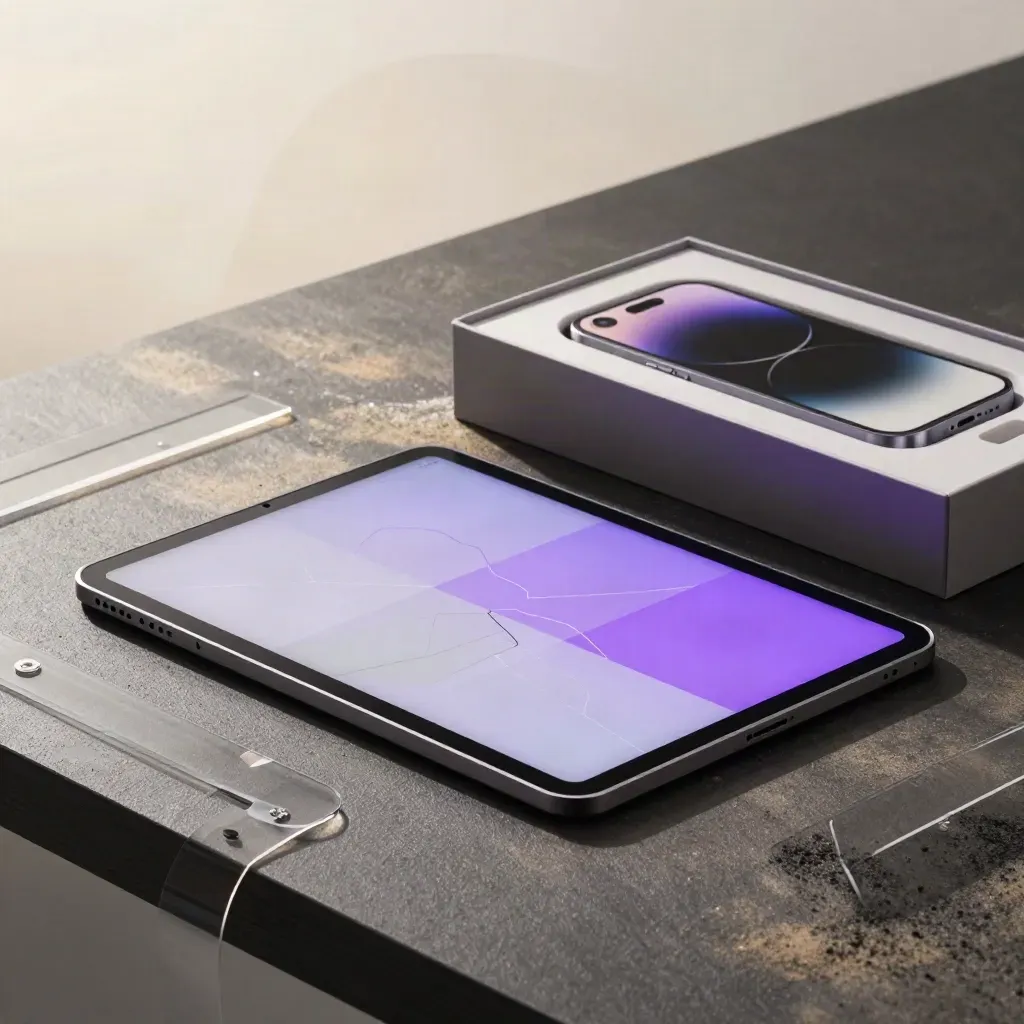 Glowing tablet, open presentation box, and prototype phone on a charcoal table with violet light.