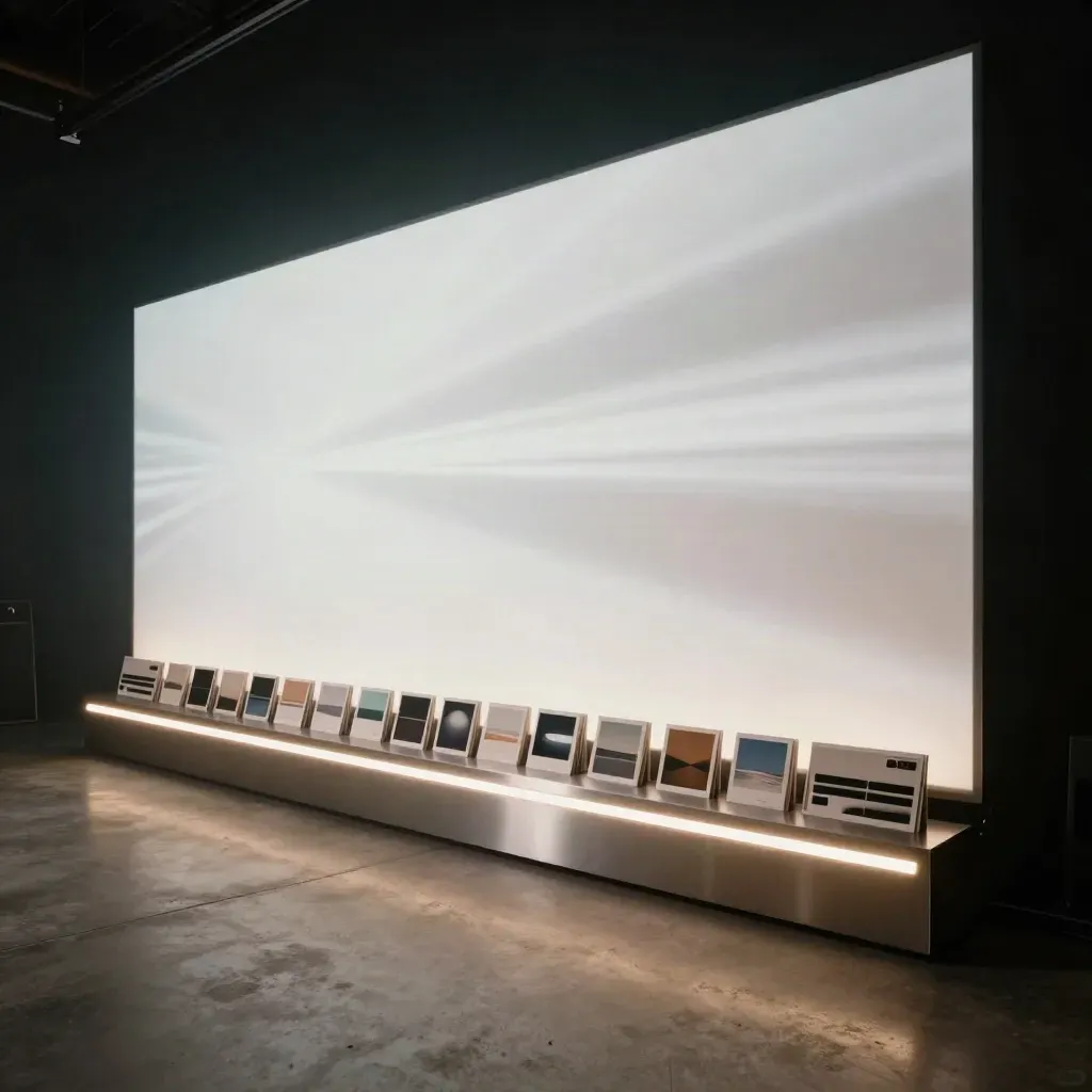 Low angled playback wall with stacked motion cards and pulsing LED bars in a dark studio.
