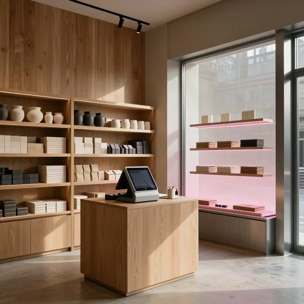 Refreshed boutique interior with oak shelves, checkout terminal, and window display in dramatic light.