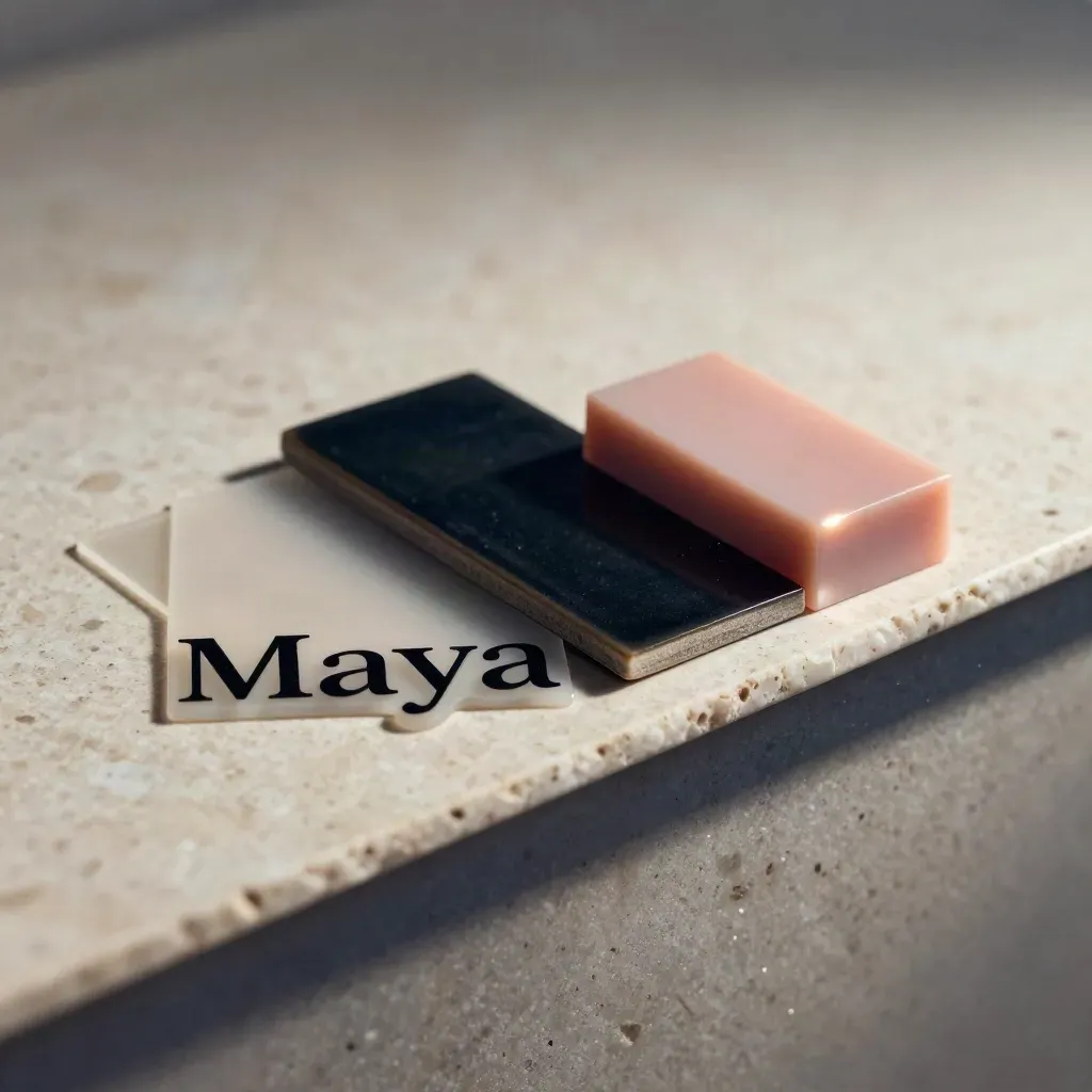 Macro still life of design tools on travertine: acrylic mark, vellum, ceramic sample, rose block.