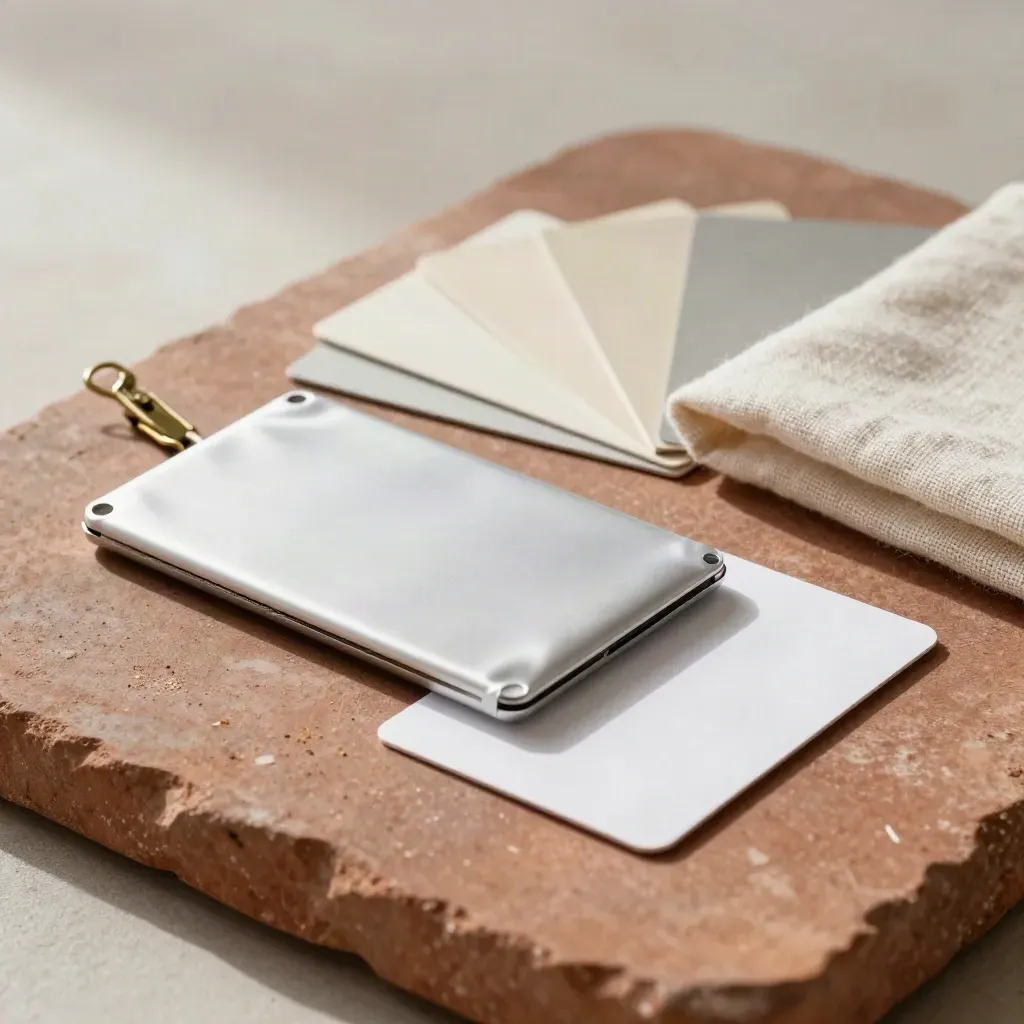 Premium handoff kit with SSD, sample cards, linen sleeve and brass clip on stone slab.