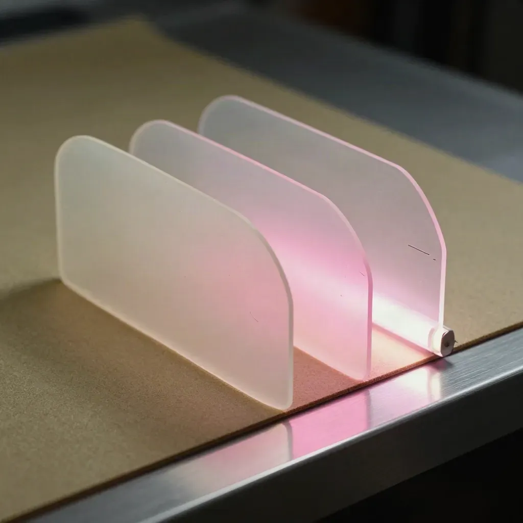 Macro of animation cels and frosted acetate lit by a pink edge flare.