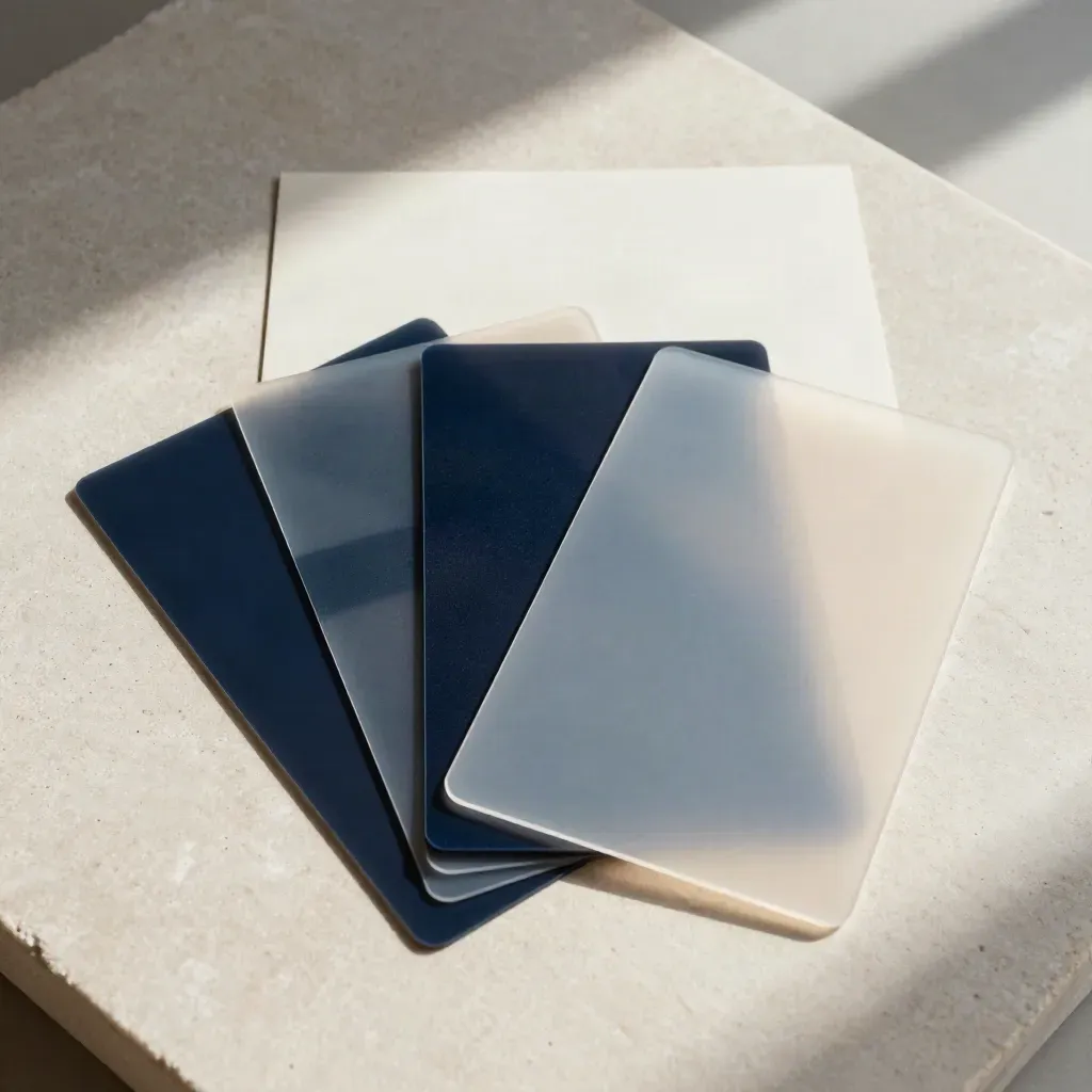 Overhead flatlay of draft boards, phone-frame template, and acetate overlays on pale stone.
