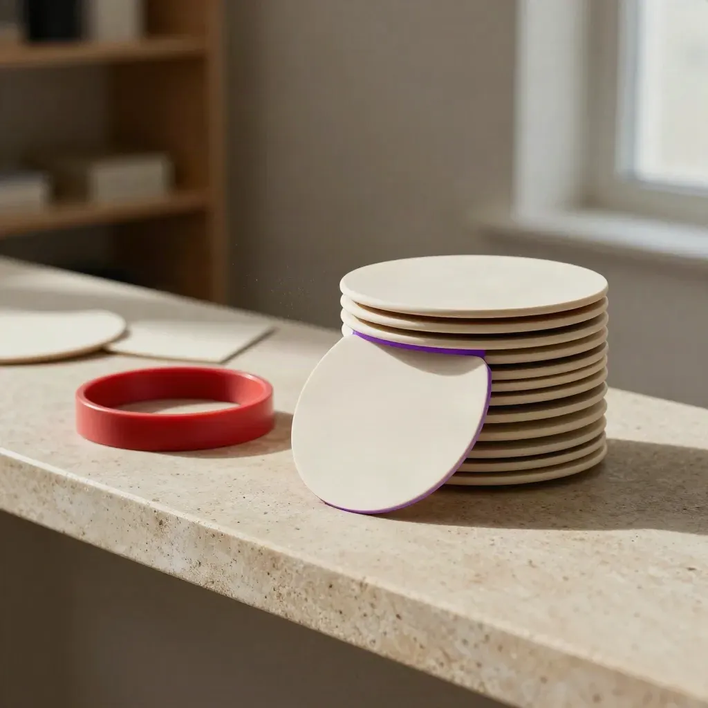 Revision chips, proof ring, and ceramic weight on a plaster ledge, softly lit from one side.