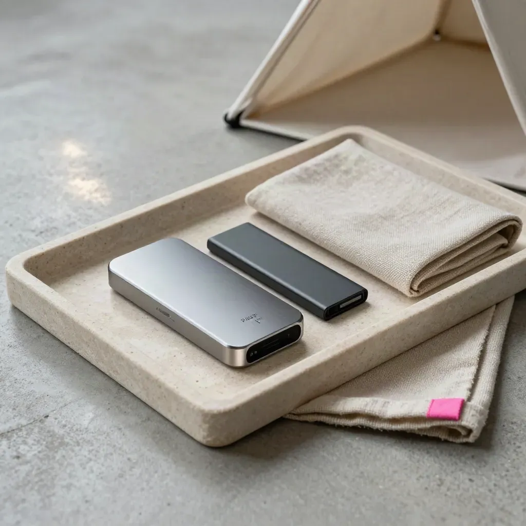 Sealed asset drive, SSD, linen sleeve, and welcome tray on stone for final file handoff.
