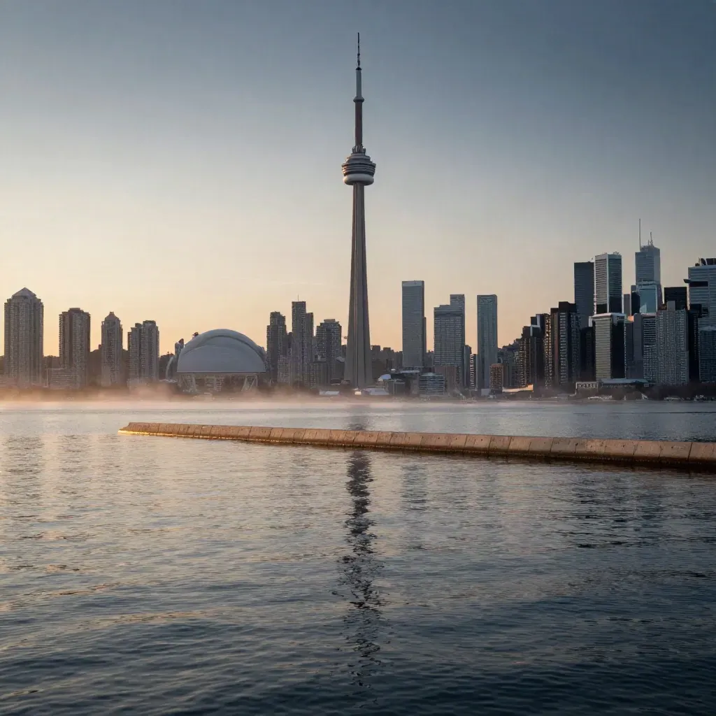 Toronto skyline and CN Tower over misty Lake Ontario at dusk, calm waterfront below.