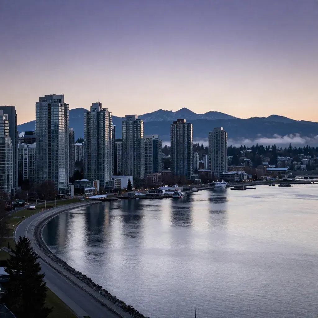 Metro Vancouver skyline with mountains, harbor water, and violet twilight haze