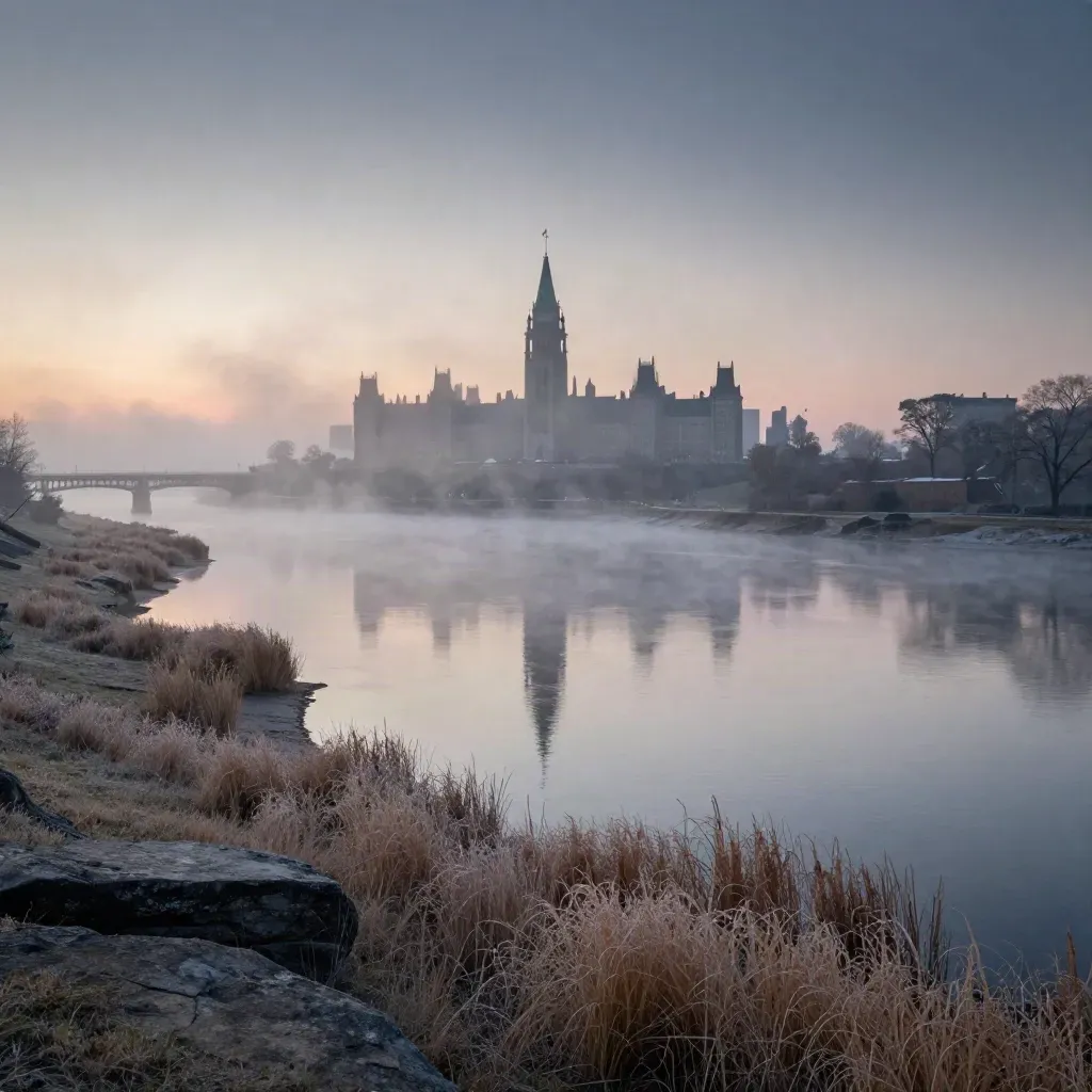 Parliament silhouette over the Ottawa River in dawn haze, with bridge and valley foreground.