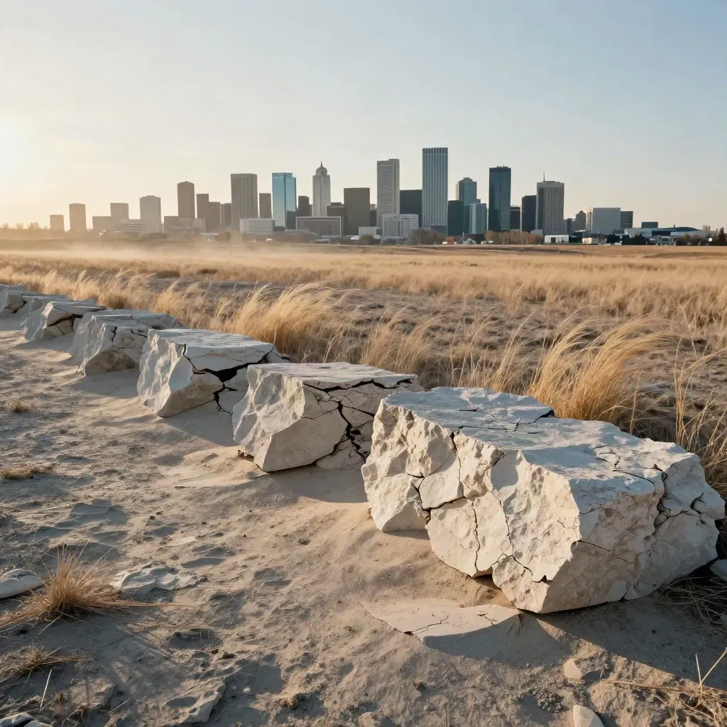 Prairie limestone and dry grass with Calgary and Edmonton skylines high on a warm hazy horizon.