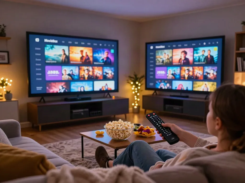 Enjoying a movie on MovieBox in a cozy home theater setting.