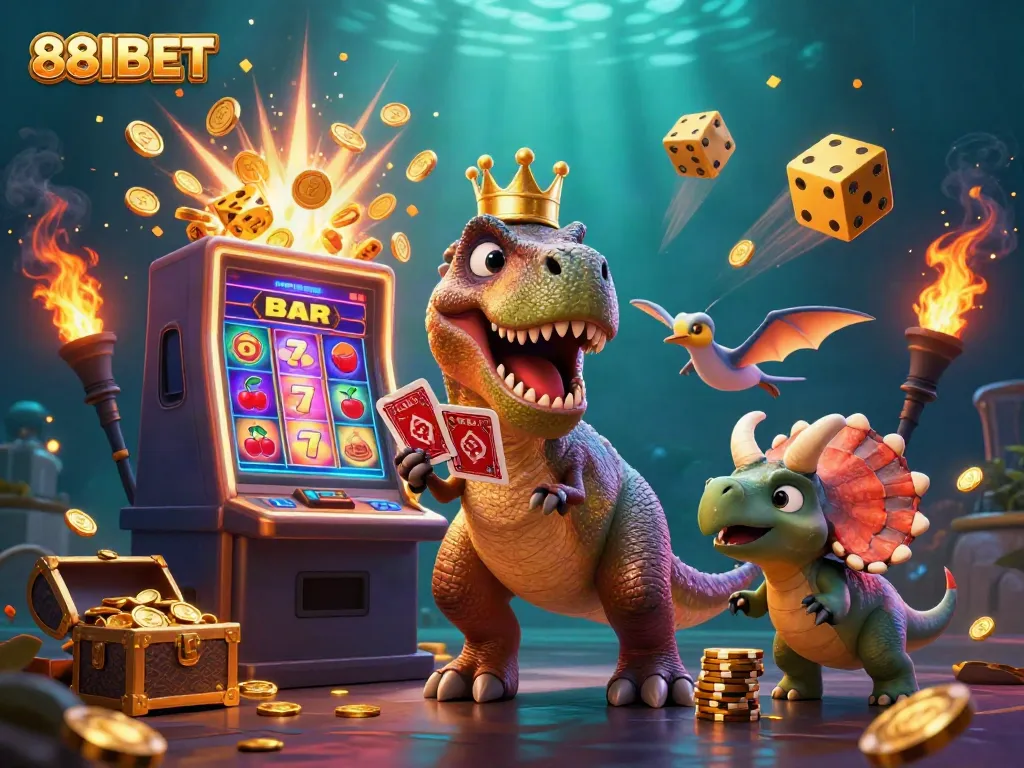Engaging illustration of 88IBET characters as a T-Rex, pterodactyl, and triceratops celebrating a casino jackpot.